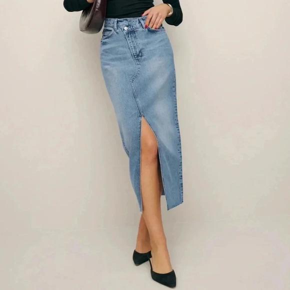 Reformation Nila Long Denim Skirt in Medium Wash Jean Blue Galway 24 - Picture 1 of 16